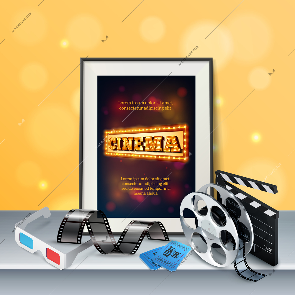 Cinema background with 3d glasses film strip retro reel clapboard two tickets and frame on grey surface realistic vector illustration