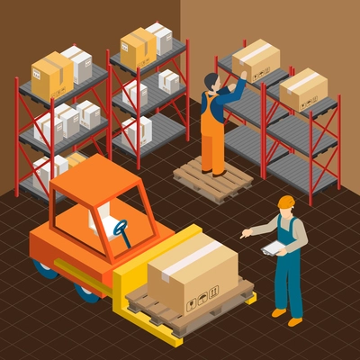 Industrial machines isometric composition with faceless human characters of workers and power loading machine with packages vector illustration