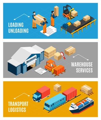 Logistics banners set with warehouse building and freight transport 3d isometric isolated vector illustration