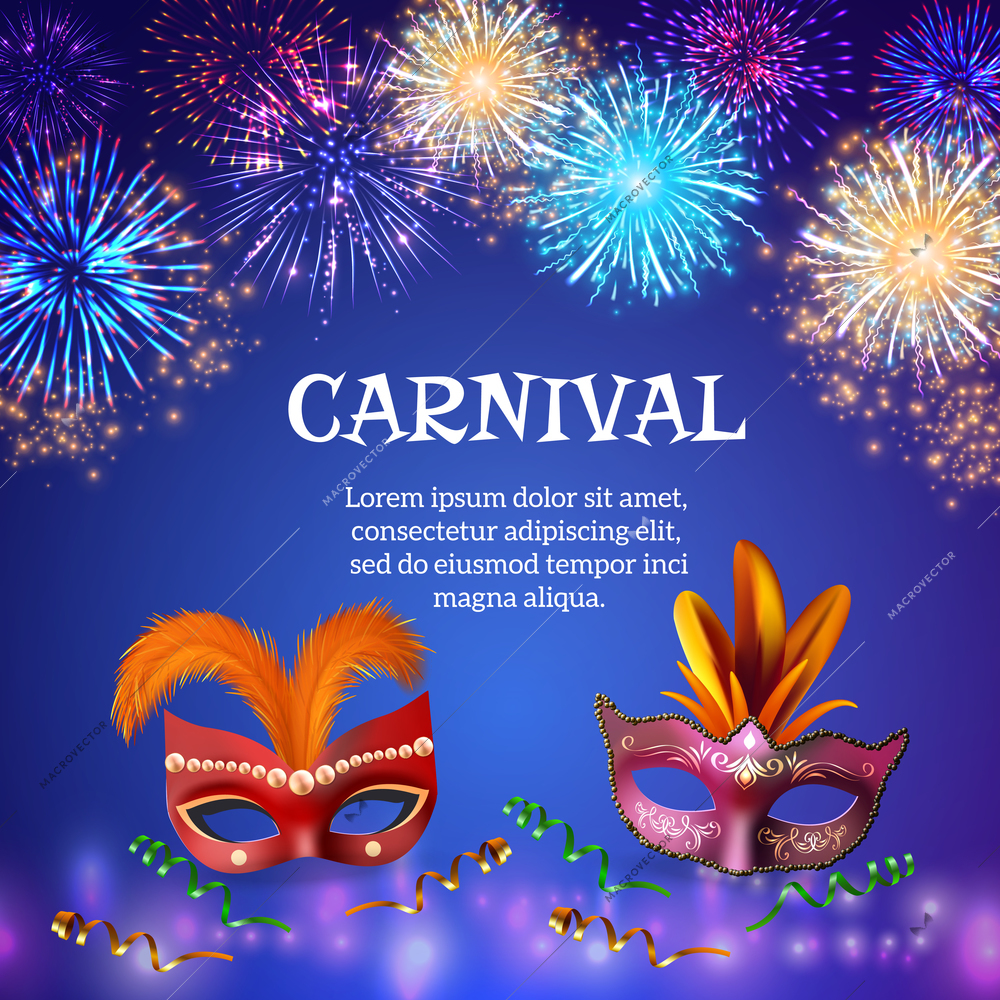 Fireworks composition background with realistic images of carnival masks colourful firework shapes decorations and editable text vector illustration