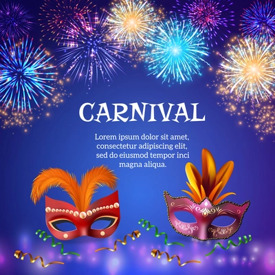 Fireworks composition background with realistic images of carnival masks colourful firework shapes decorations and editable text vector illustration