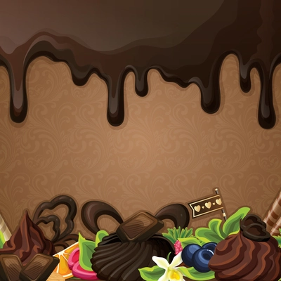 Sweets dessert background with black chocolate syrup cream and decoration vector illustration