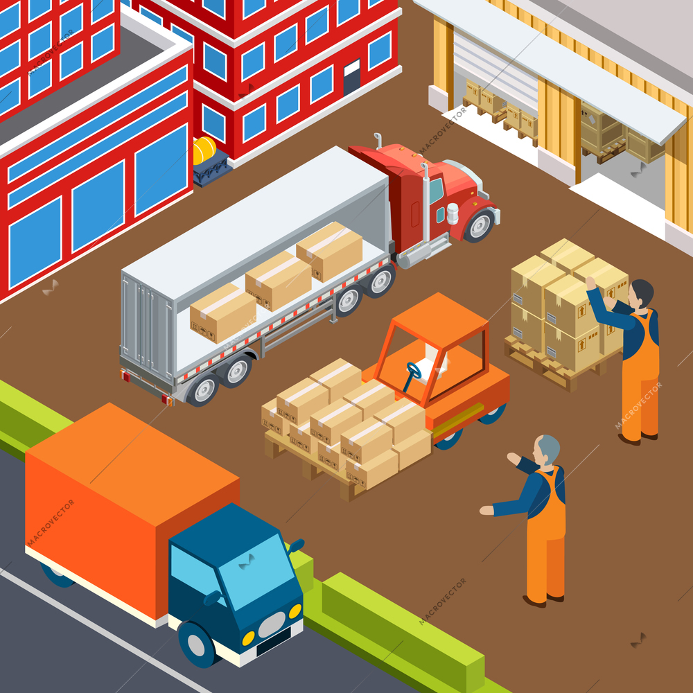 Industrial machines isometric composition with auto loaders trucks and human characters of workers in uniform vector illustration