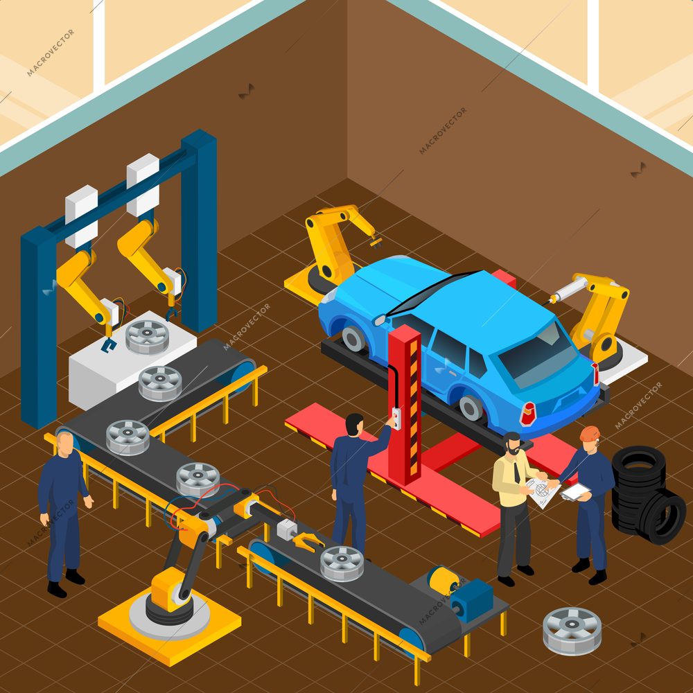 Industrial machines isometric composition with indoor view of tyre casing car workshop with machinery and workers vector illustration