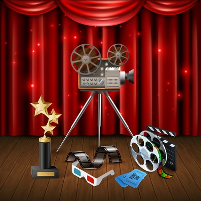 Realistic cinema background with trophy 3d glasses camcorder clapboard and sparkling red curtain vector illustration