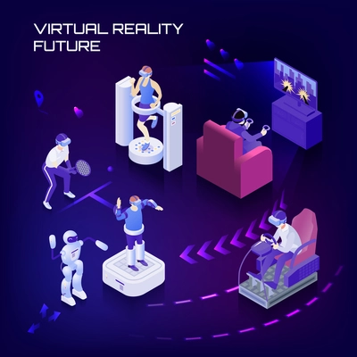 Virtual reality future capabilities, sport trainings, gaming, simulator, vr controlled robots on dark background isometric vector illustration