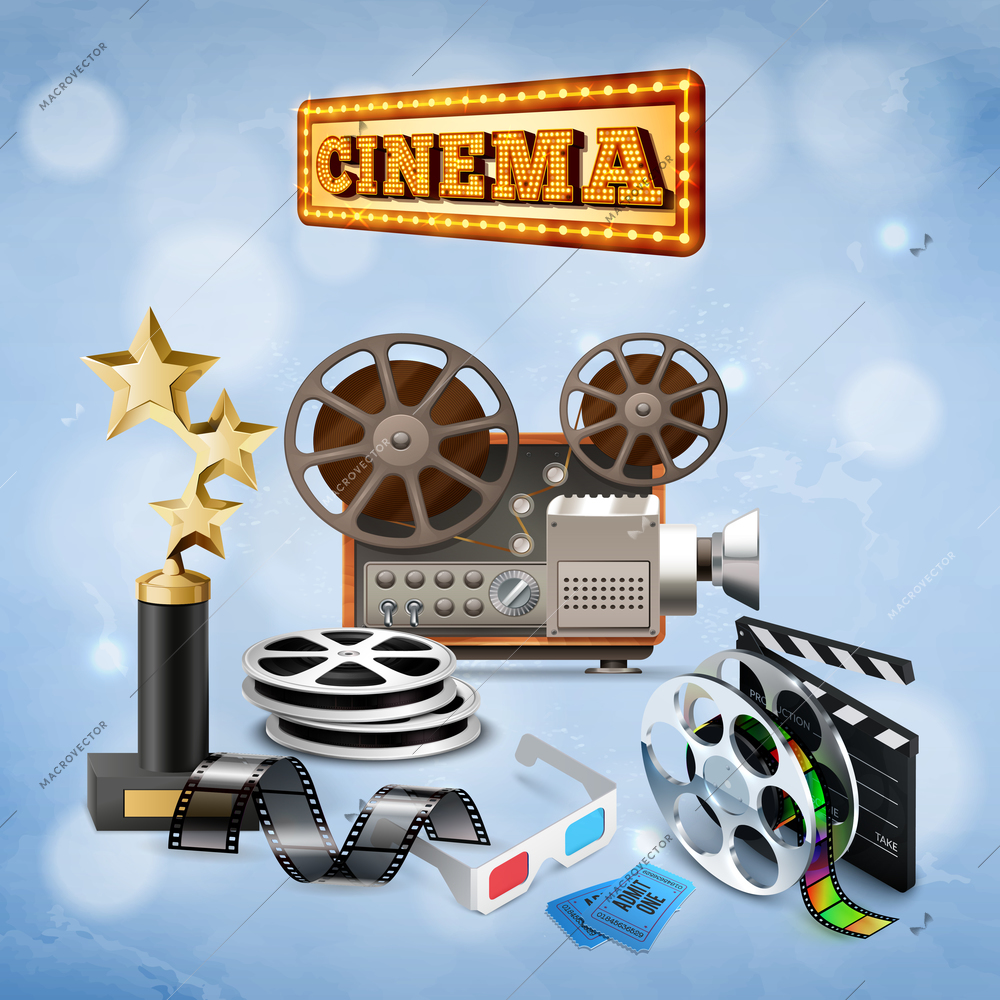 Various cinema objects with camcorder trophy reels tickets and 3d glasses on blue background with bokeh realistic vector illustration