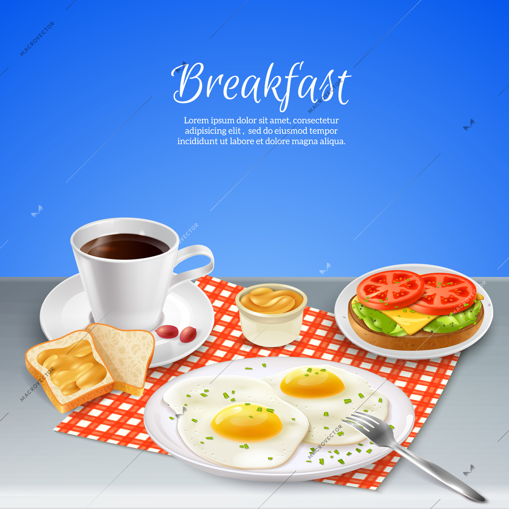 Delicious nourishing breakfast with eggs coffee and toasts on checked napkin realistic background vector illustration