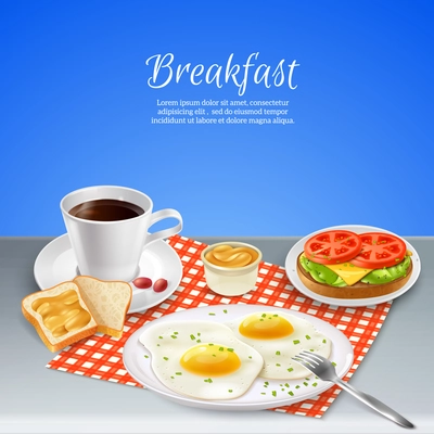 Delicious nourishing breakfast with eggs coffee and toasts on checked napkin realistic background vector illustration