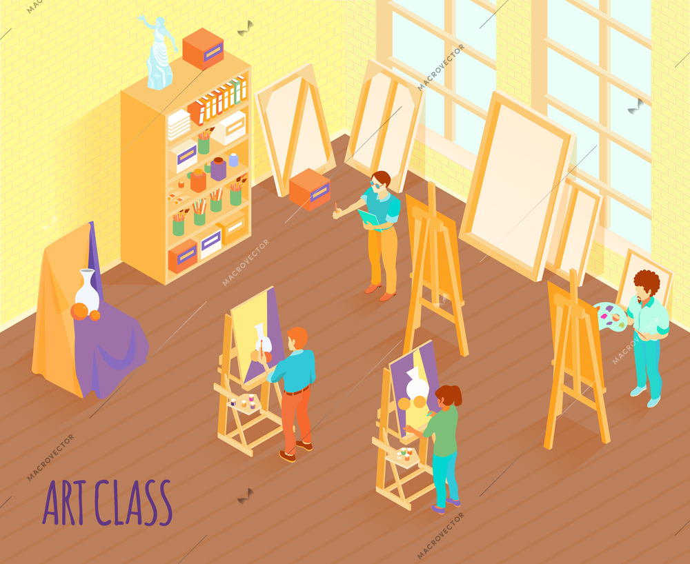 Art class with students during painting of subjects vase with spheres isometric vector illustration