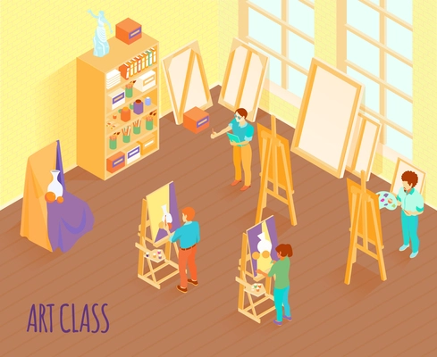 Art class with students during painting of subjects vase with spheres isometric vector illustration