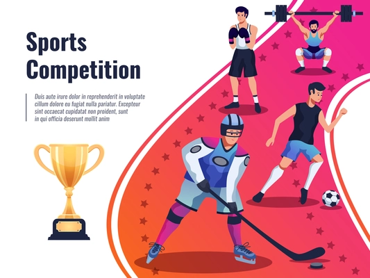 Sports competition background with winners cup and athletes boxing raising dumbbell playing hockey and football   vector illustration