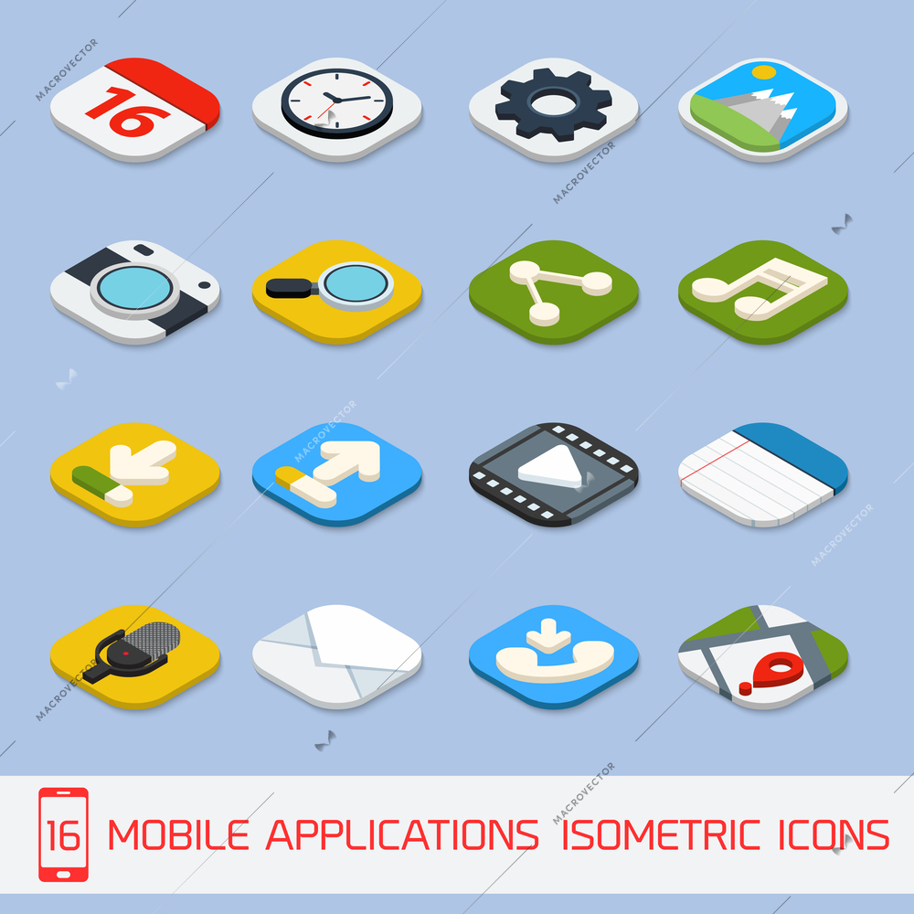Mobile phone applications navigation communication isometric icons set  isolated vector illustration