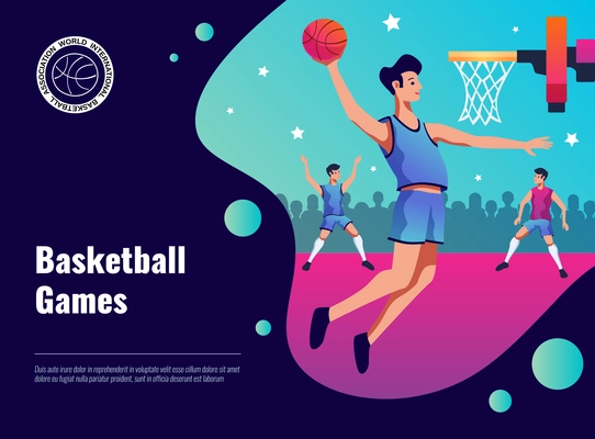 Vector illustration on sport theme with basketball games headline and sportsman throwing ball into basket flat image