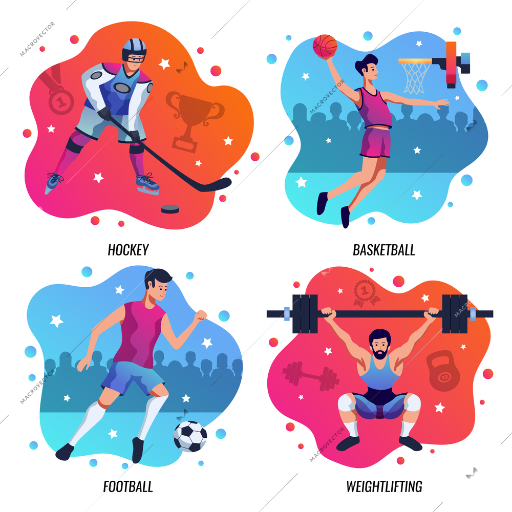 People in sport 2x2 design concept with athletes involved in hockey basketball football weightlifting colored vector illustration