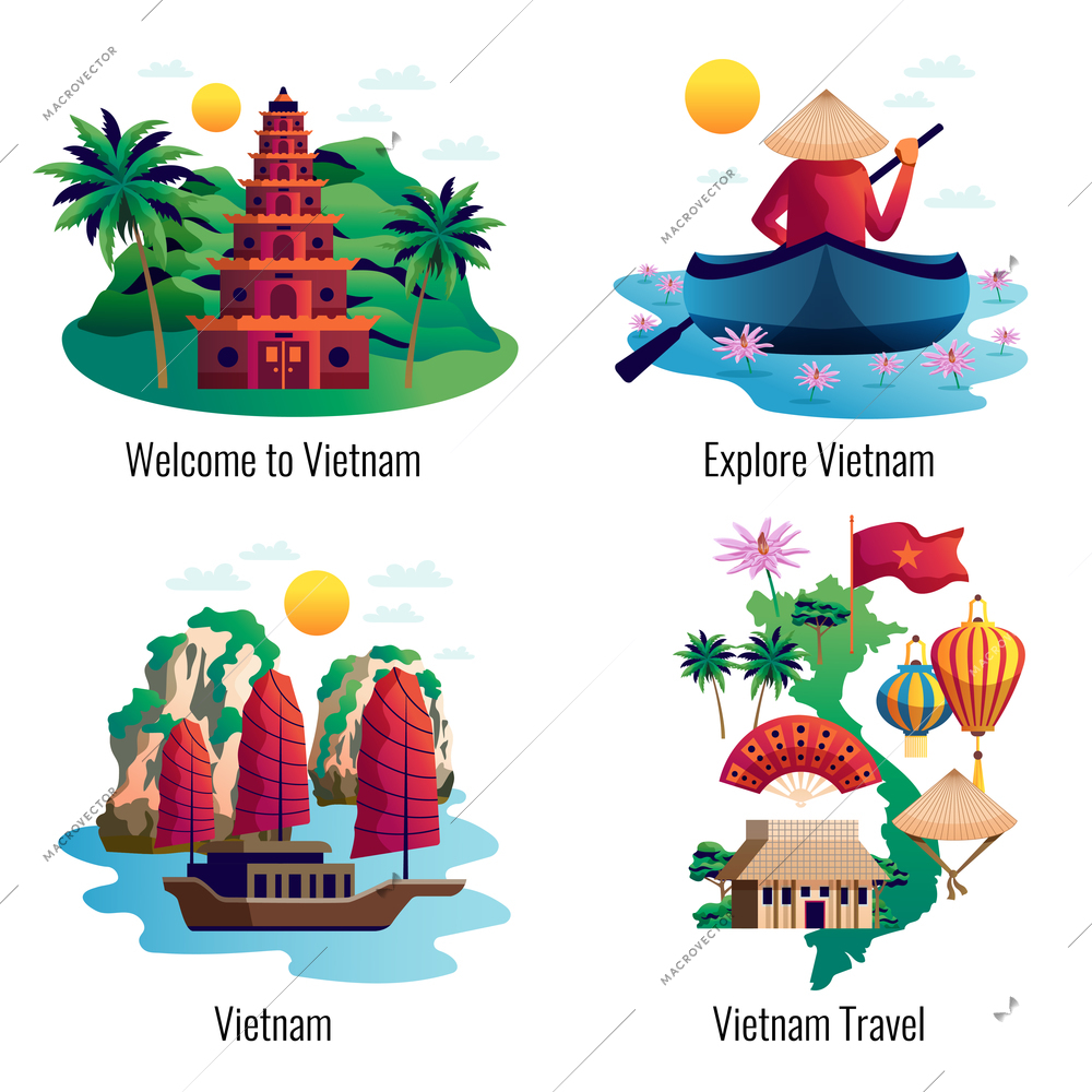 Vietnam 2x2 design concept with traditional clothes accessories cultural and architectural national landmarks cartoon vector illustration