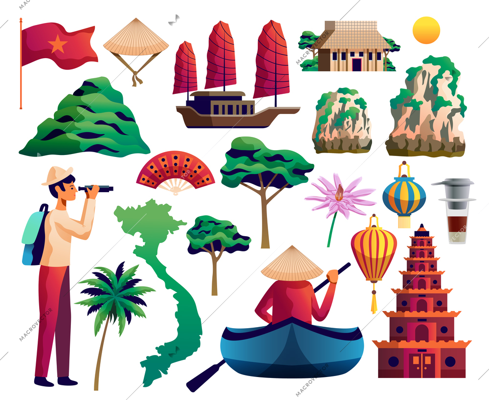 Vietnam isolated icons set of vietnamese landmarks traditional cultural symbols national flag vector illustration