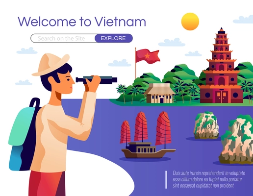 Welcome to vietnam cartoon poster with young tourist looking national landmarks through binocular vector illustration