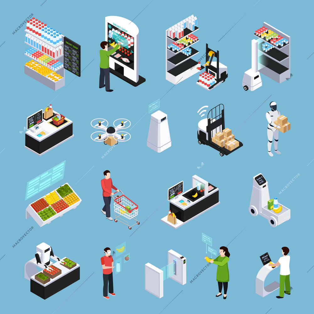 Shop of future isometric icons with robots, automated cash desk, delivery by drone isolated vector illustration