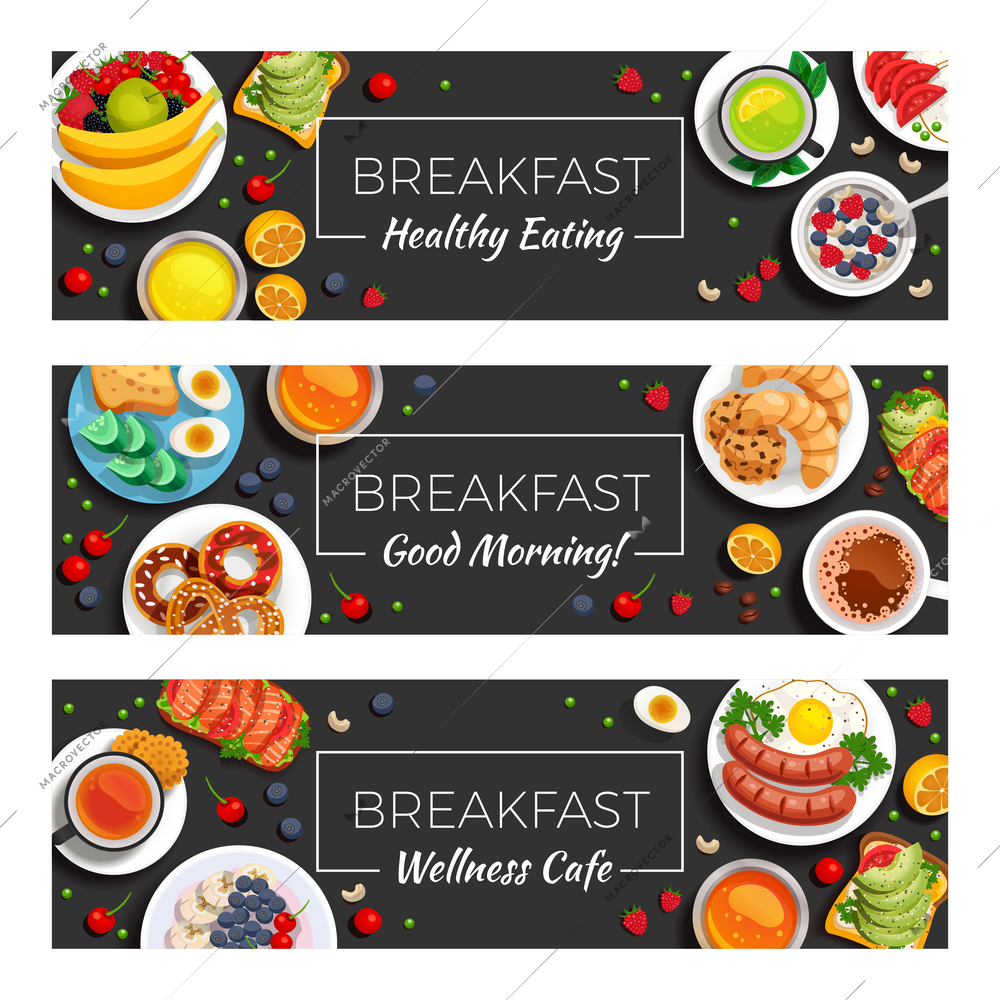 Breakfast  horizontal banners with healthy eating products wellness cafe menu dishes and good morning wish headline vector illustration