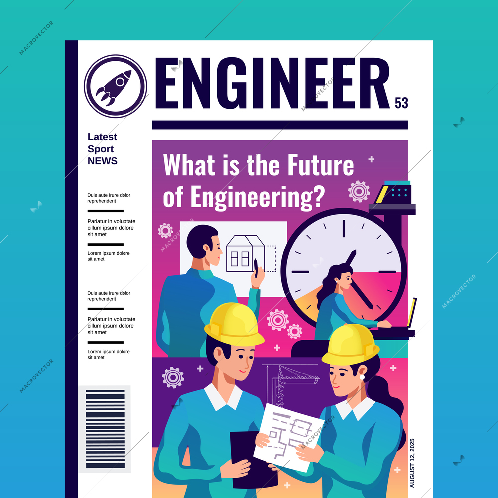 Engineer periodic magazine cover with article about what is future of engineering flat vector illustration