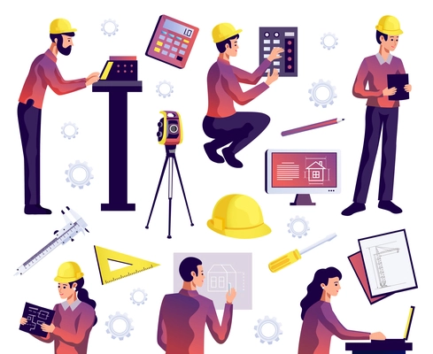 Engineering isolated set of civil construction workers architects and surveyors with special equipment isolated vector illustration