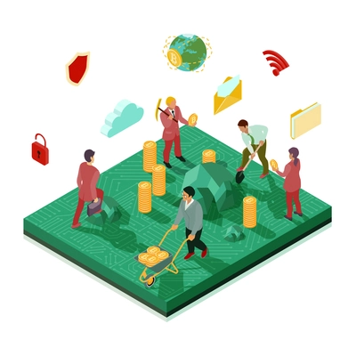 Human characters during crypto currency mining on integrated circuit platform, computer technologies icons isometric vector illustration