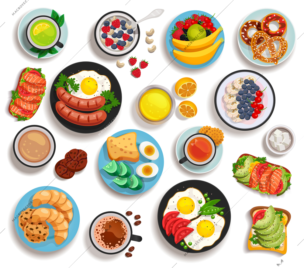 Breakfast isolated set of top view dishes laid out on tableware or pan isolated vector illustration