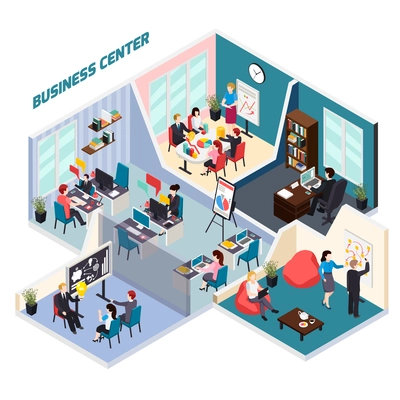 Business center isometric composition with corporate meeting, employees at work places, staff coaching  vector illustration