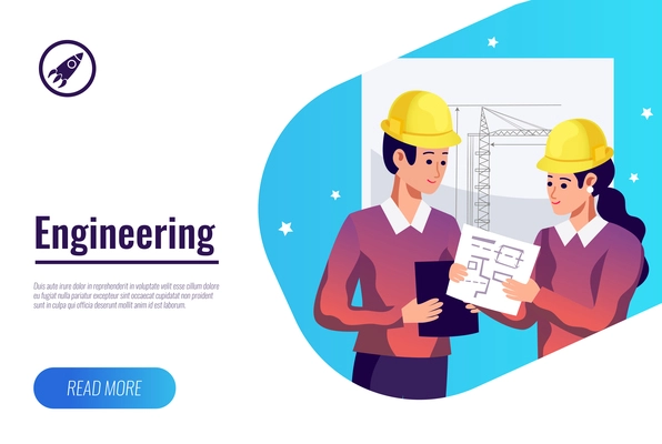 Engineering flat poster with two young builders in helmets against hand drawn construction crane background vector illustration