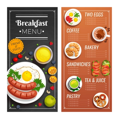 Breakfast menu design for cafe and restaurant with offer of dishes made with tasty fresh products vector illustration