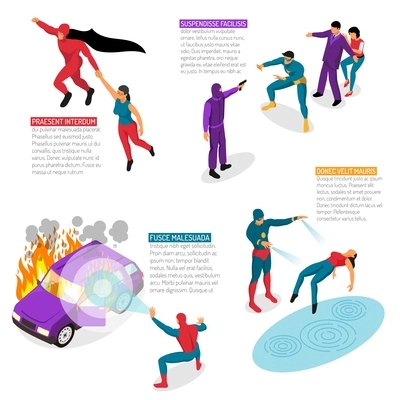 Isometric superhero infographics set of image compositions with human characters and editable text captions with description vector illustration