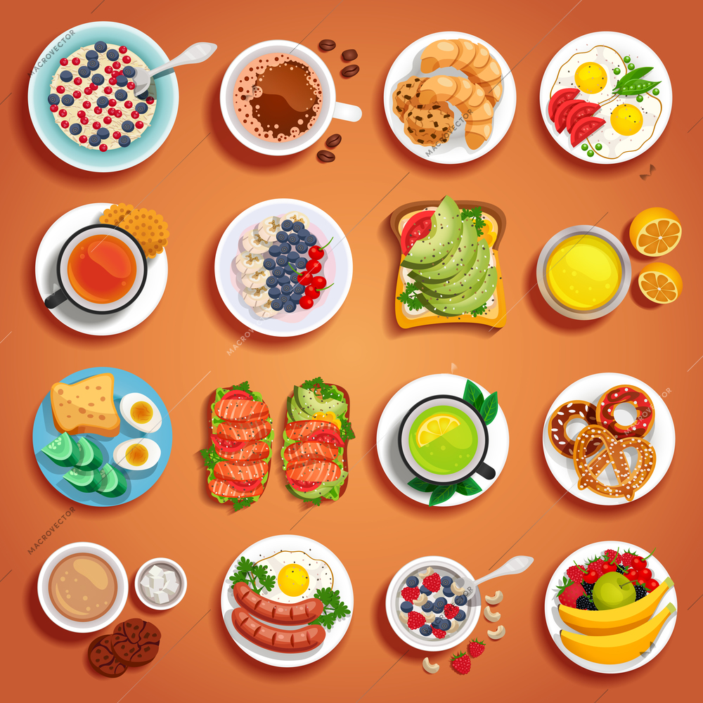 Colorful breakfast dishes set on orange background with fruits pastry bakery scrambled boiled eggs sandwiches on plates of different size vector illustration