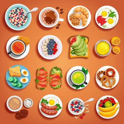 Colorful breakfast dishes set on orange background with fruits pastry bakery scrambled boiled eggs sandwiches on plates of different size vector illustration