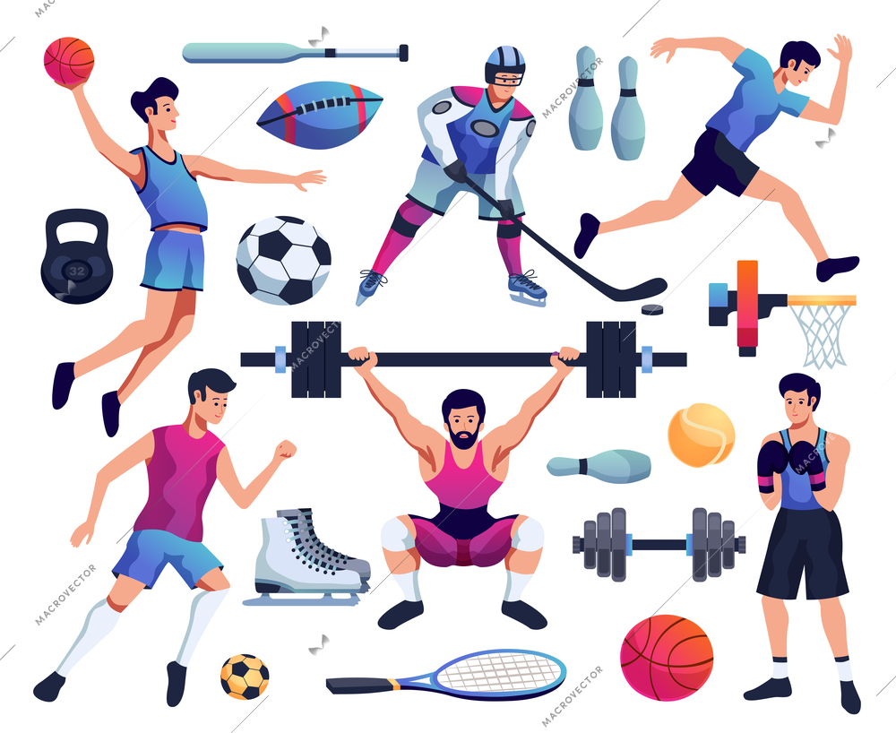 people involved in sport decorative icons set of accessories for baseball tennis hockey skates and dumbbell vector illustration