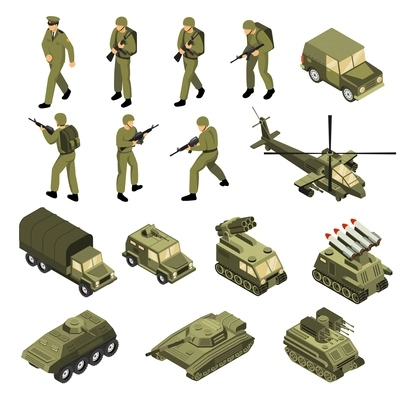 Military vehicles soldiers commanders set of isolated tactical transport units and fighting entities with human characters vector illustration