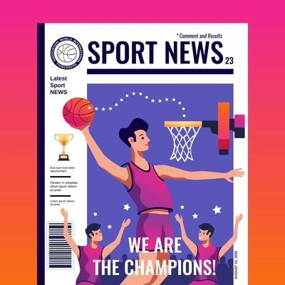 Sport news magazine color cover with basketball team became champions flat vector illustration