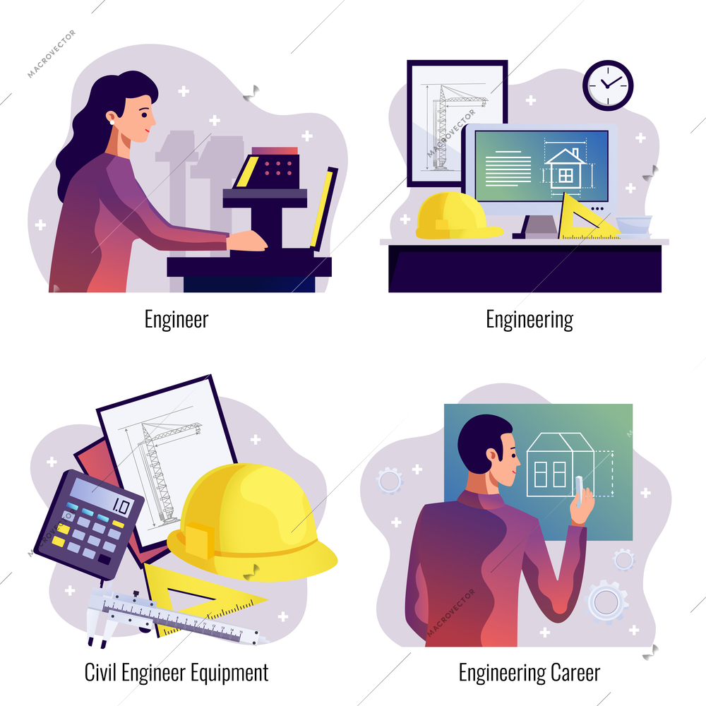 Engineering 2x2 design concept set of designer and constructor workplace and tools flat vector illustration