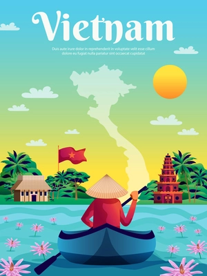 Vietnam poster with colored landscape map national flag and native in boat cartoon vector illustration