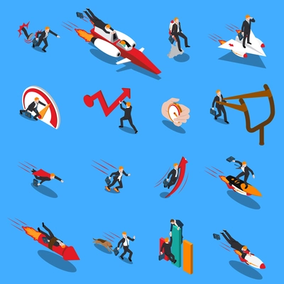 Accelerate business concept isometric icons set of businessmen racing to goal using different methods isolated vector illustration