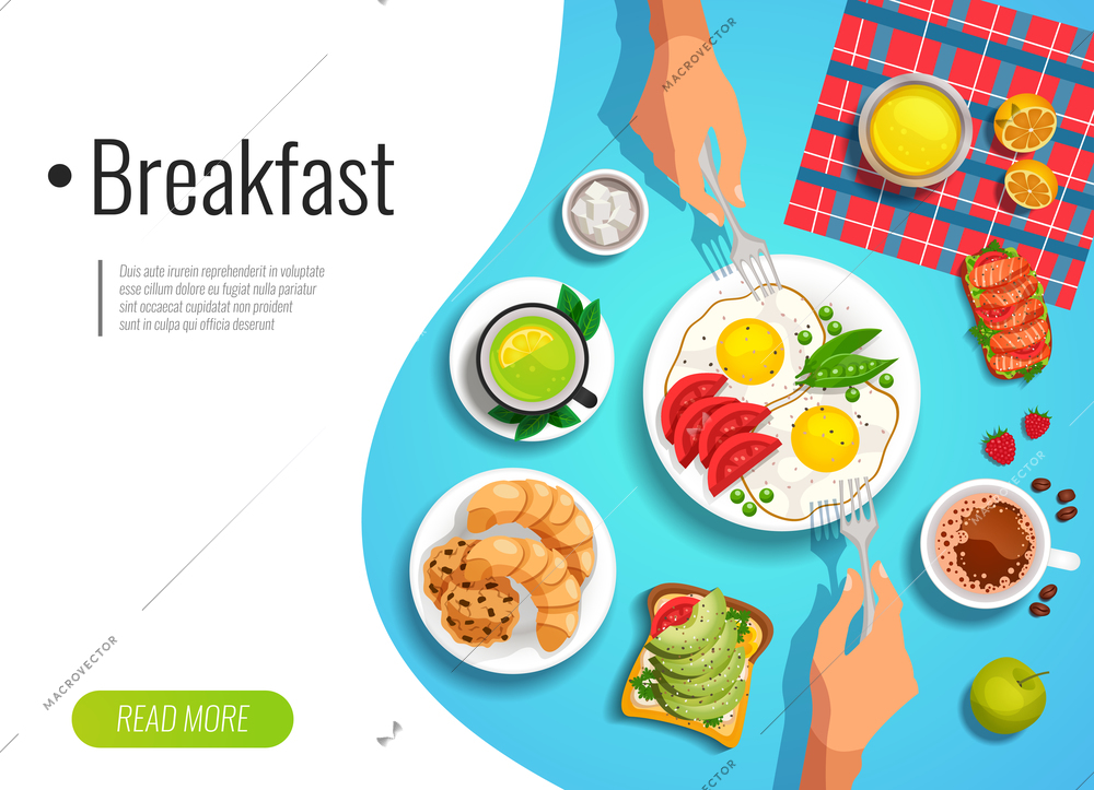 Breakfast colored background with top view of served table and people hands holding forks flat vector illustration