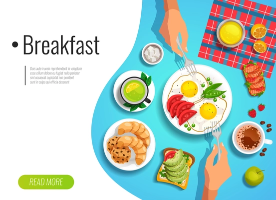 Breakfast colored background with top view of served table and people hands holding forks flat vector illustration