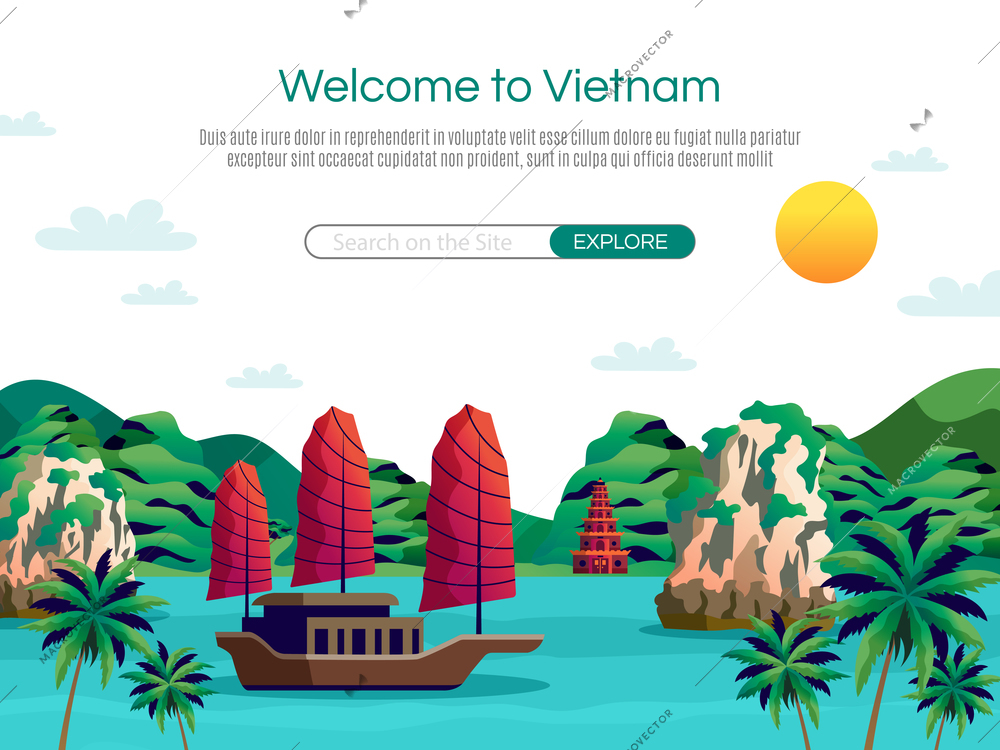 Welcome to vietnam cartoon vector illustration demonstrating sailboat with red sails floating in halong bay