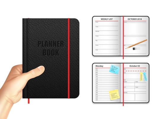 Planner book design concept with organizer in open and closed form with weekly and monthly list and stickers realistic vector illustration