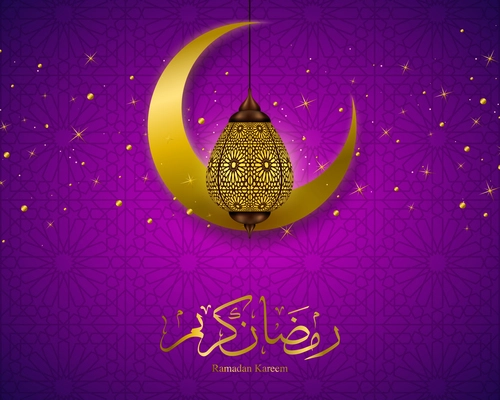 Ramadan Kareem colorful poster with islamic calligraphy crescent and arabic lamp golden elements on shiny purple background vector illustration