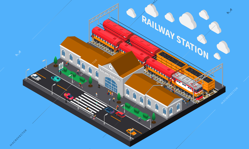 Railway station isometric composition with freight and passenger trains waiting for departure at platform vector illustration