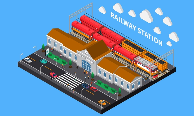 Railway station isometric composition with freight and passenger trains waiting for departure at platform vector illustration