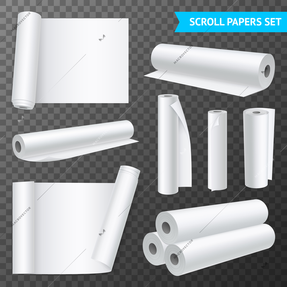 Realistic set of isolated clean white paper scrolls on transparent background vector illustration