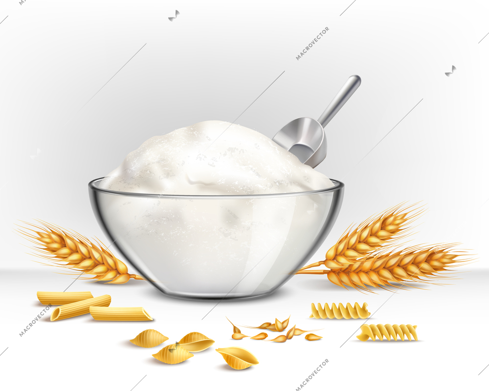 Bowl of wheat flour with grain and cereal symbols realistic vector illustration