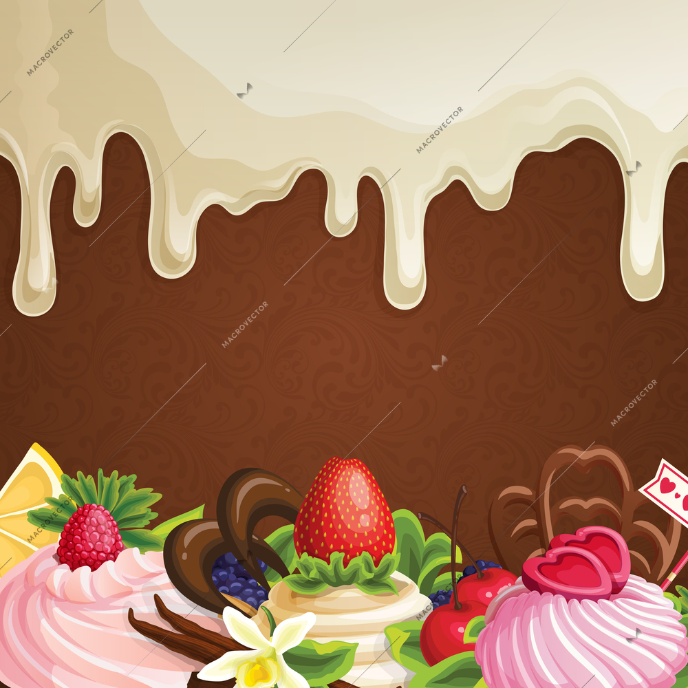 Sweets dessert background with white chocolate syrup fruits berries and decoration vector illustration